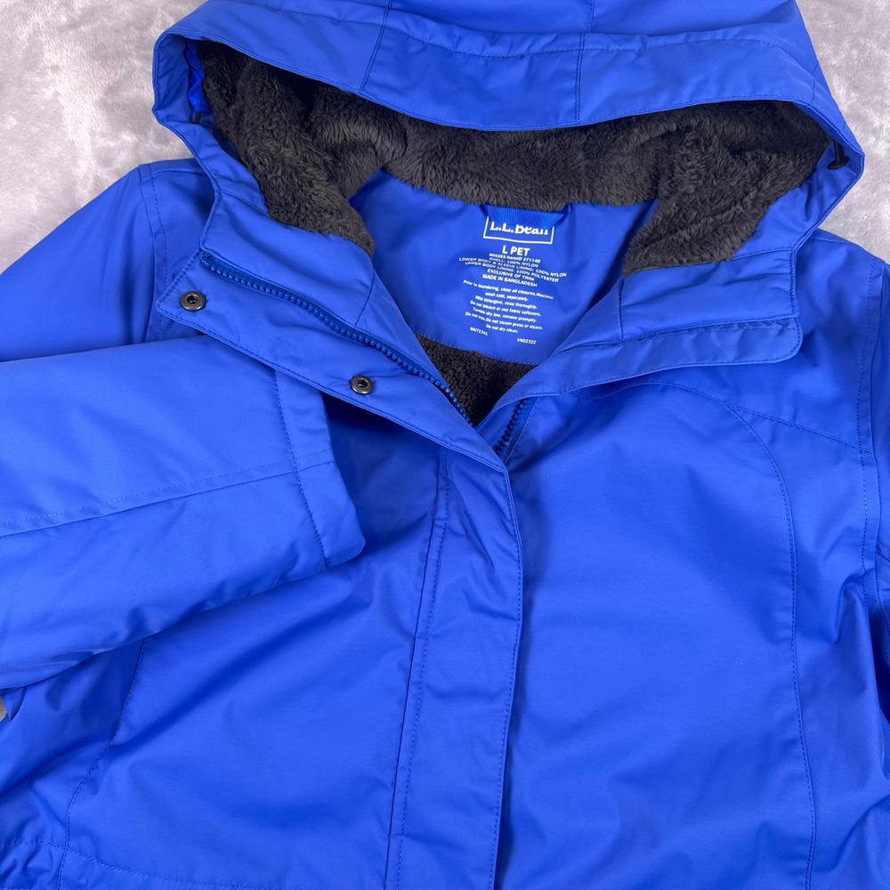 LL Bean Wildcat Parka Jacket Royal Blue Hooded Fleece Lined Women Large Petite